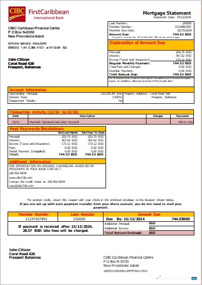 Download Bahamas CIBC Caribbean Bank bank mortgage statement scr Photoshop template
